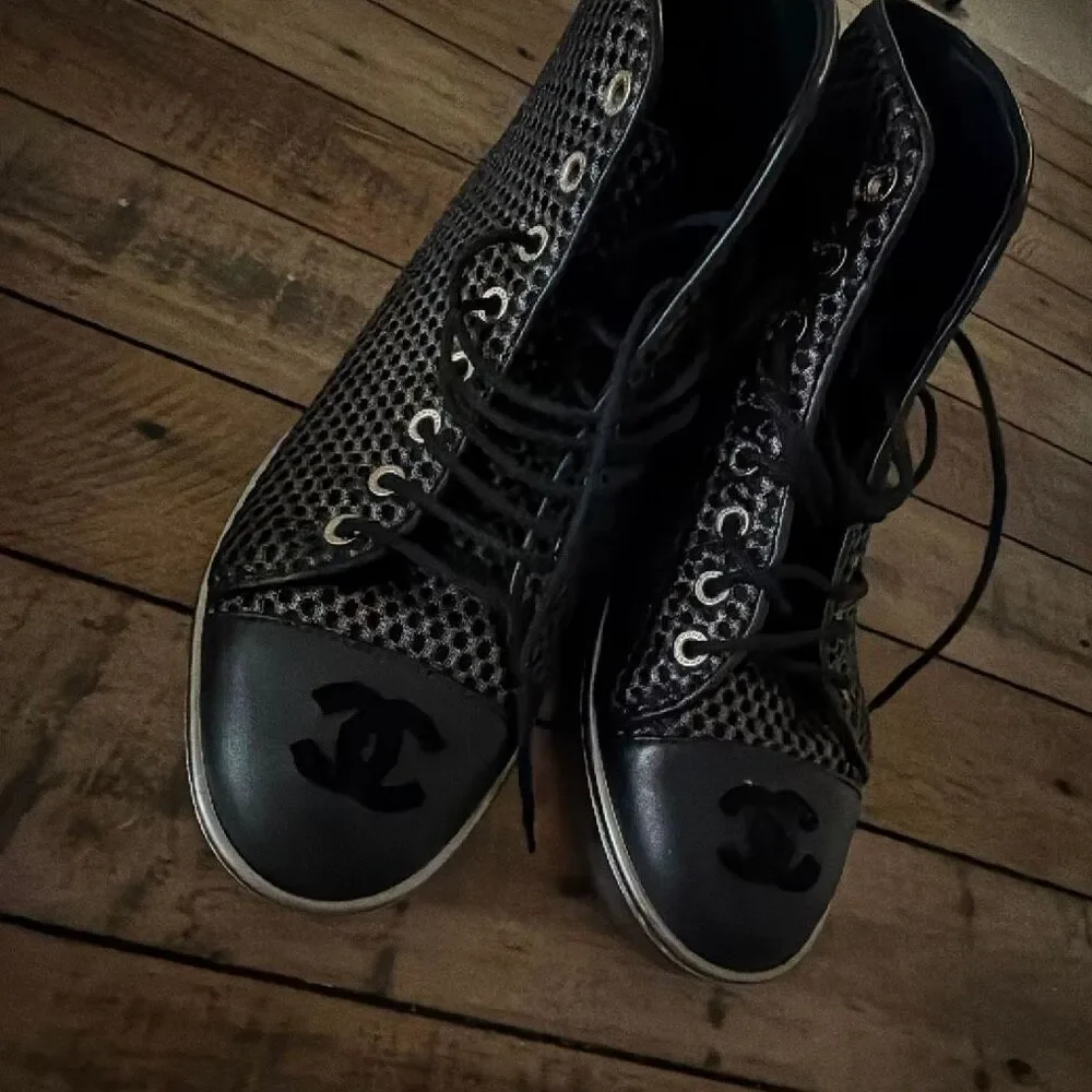 Chanel Black Mesh and Leather CC Cap Toe High Top Sneakers Size 36